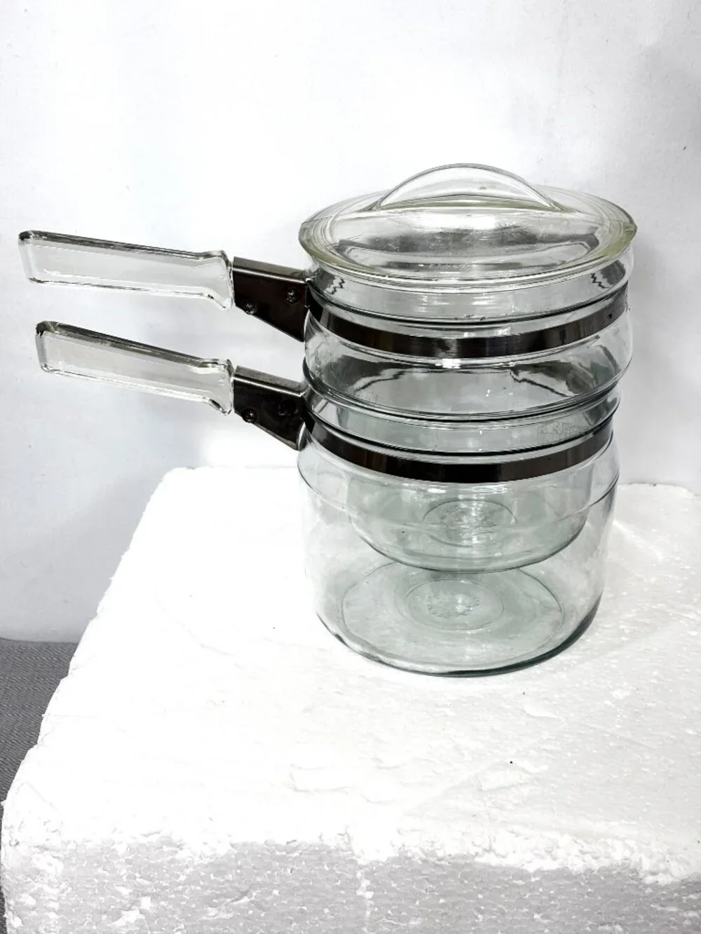 VTG PYREX  Flameware Glass Double Boiler Pot W/ Lid 1.5 Quart Three-Piece Set